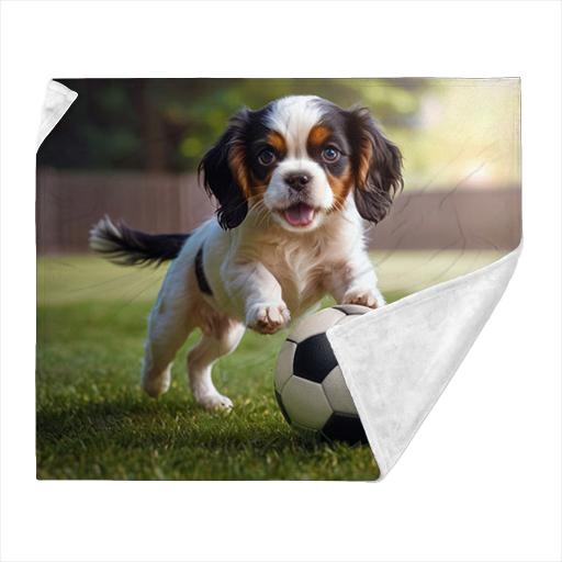 Playful, Cavalier pup playing football / soccer.