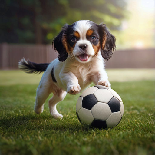 Playful, Cavalier pup playing football / soccer.