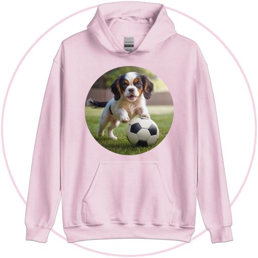 Playful, Cavalier pup playing football / soccer.