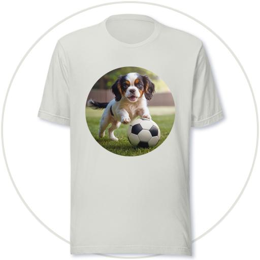 Playful, Cavalier pup playing football / soccer.