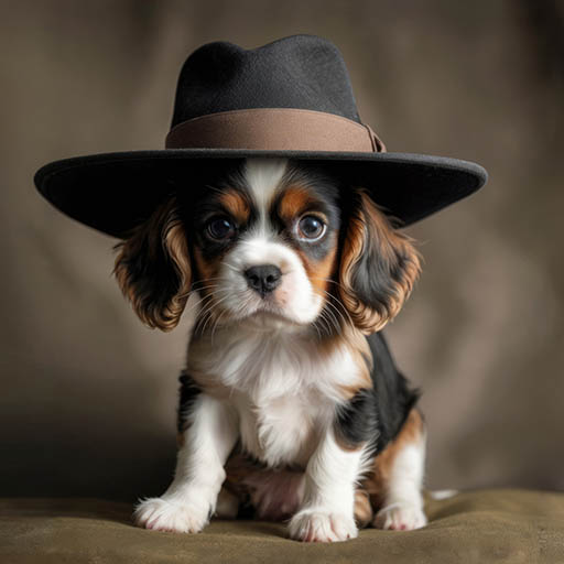 Cute, Cavalier pup wearing a hat.