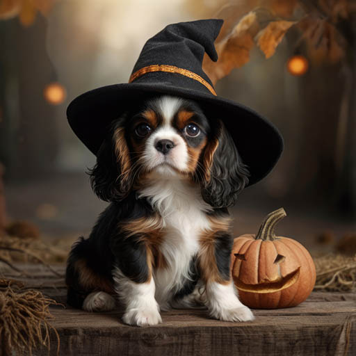 Cavalier pup learning magic in a Witches hat.