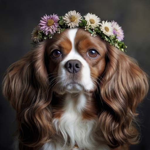 Beautiful cavalier wearing a crown of flowers.