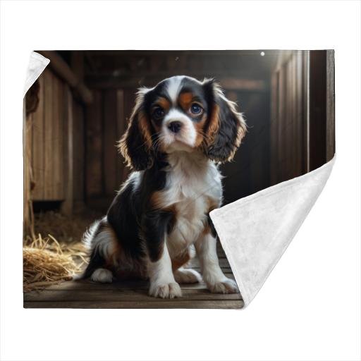 Cavalier pup sits in the barn