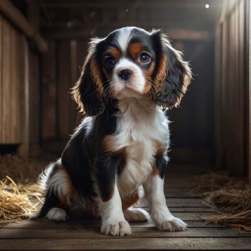 Cavalier pup sits in the barn