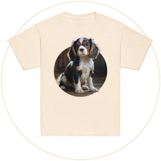 Cavalier pup sits in the barn