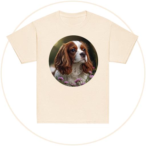 Cavalier walking through meadow flowers.